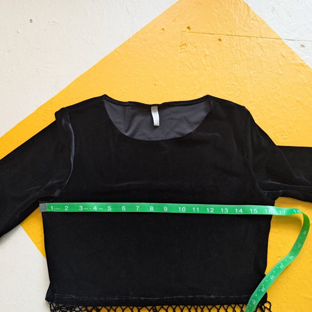 Vintage Y2K Fall Witchy Stretch Velvet Crop Top Bead Fringe Quarter Sleeve - Picture 8 of 9